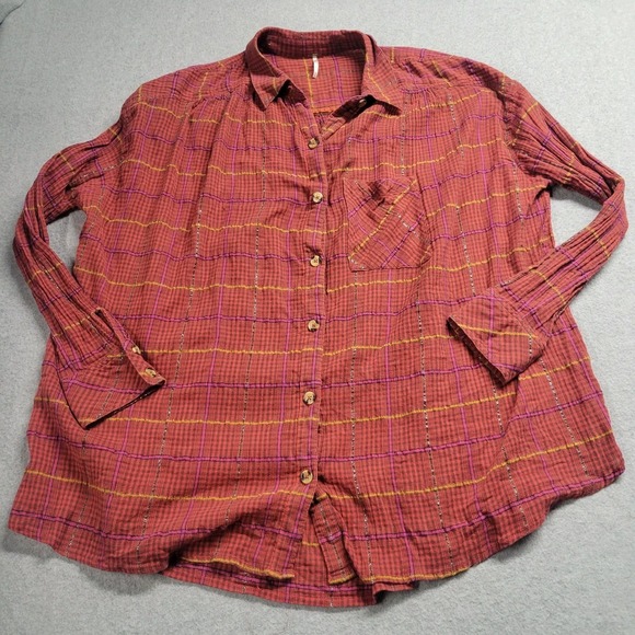 Free People Break My Stride Semi Sheer Button Down Top Sherry Combo Red Medium - Picture 2 of 9